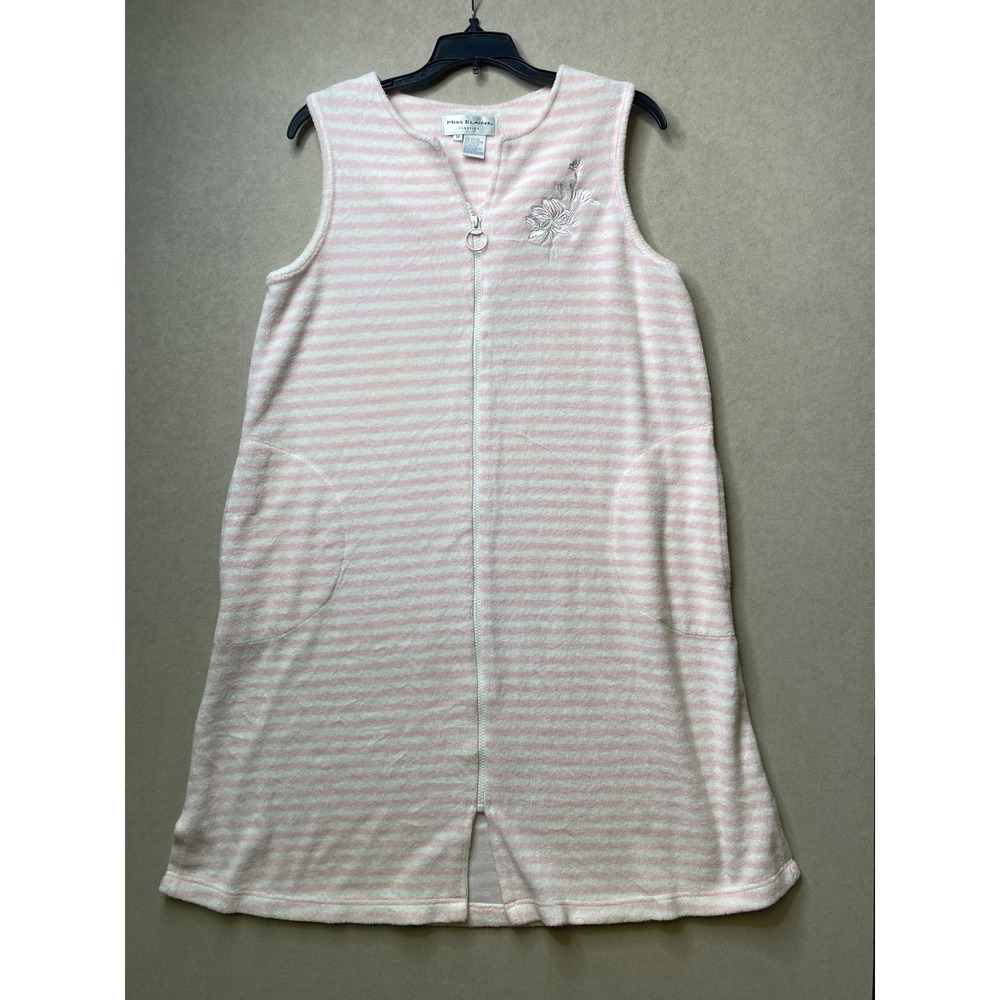Miss Elaine Classics Pink White Striped Terry Cloth Zip Front House Dress Med
